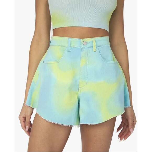WEWOREWHAT Flare Bell Shorts in Green/Blue Tie-Dye Stretch Twill Denim Sz 28 NWT - Picture 1 of 4